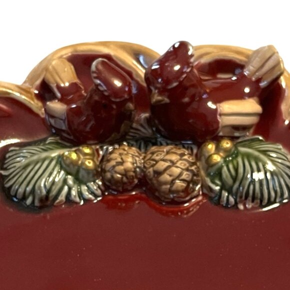 Vintage Ceramic Holiday Plate with Cardinals and Pinecones – Red & Gold Glaze – - Picture 2 of 6